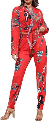 Two Piece Chiffon Blouse & Floral Print Pants
